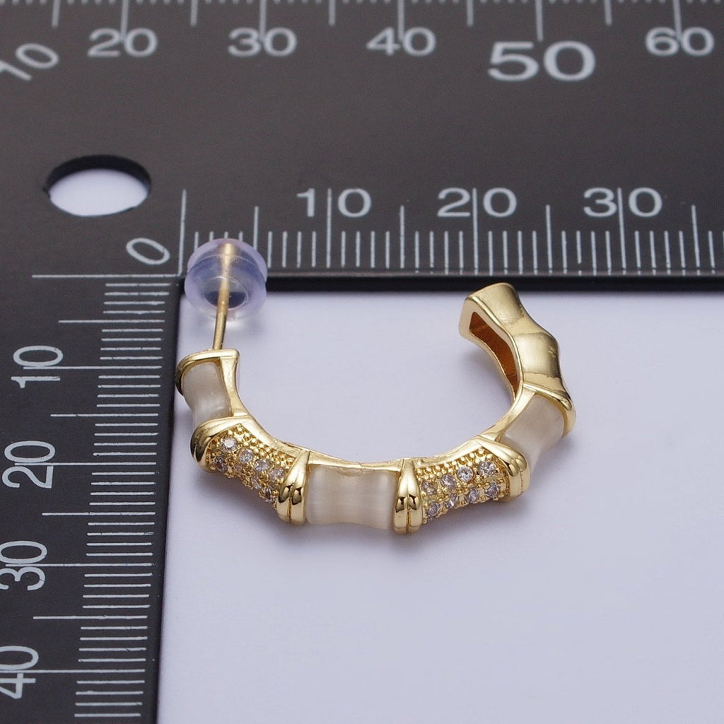14K Gold plated Micro Paved CZ White Cats Eye Bamboo C Shaped Stud Earrings | Y-084 - DLUXCA