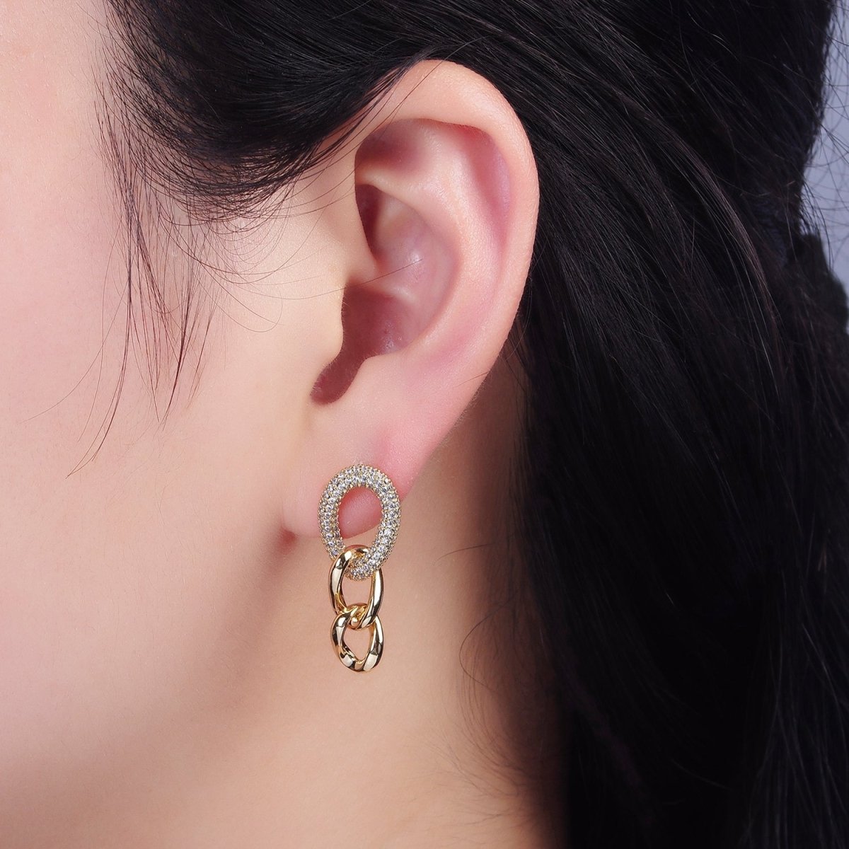 14K Gold plated Micro Paved Oval Curb Link Drop Stud Earrings | AB1125 - DLUXCA