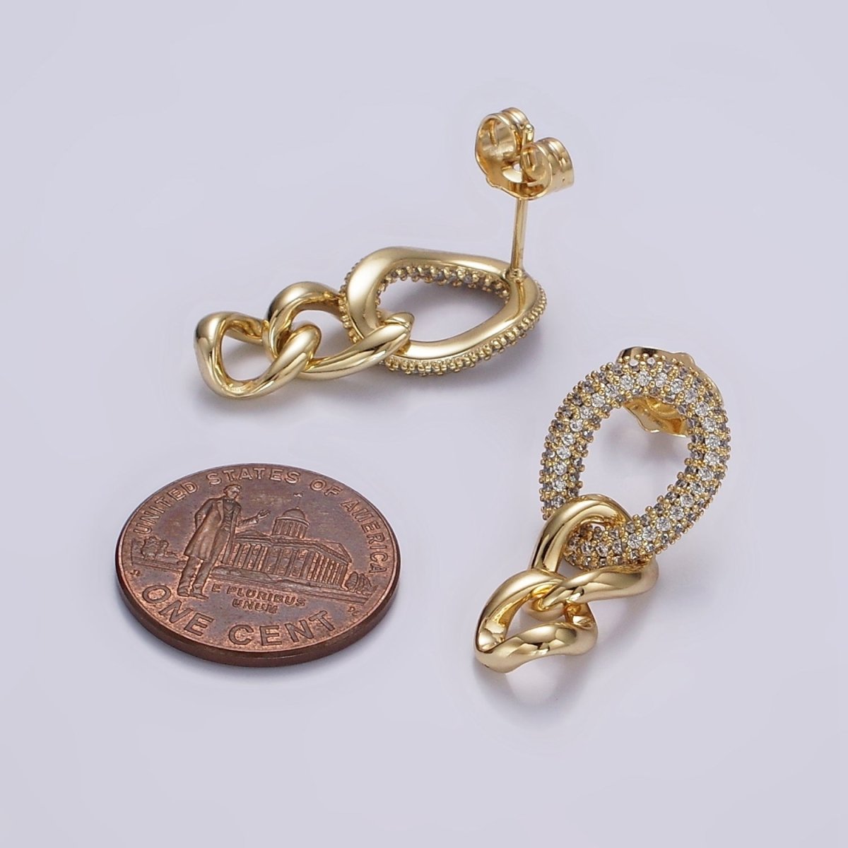 14K Gold plated Micro Paved Oval Curb Link Drop Stud Earrings | AB1125 - DLUXCA