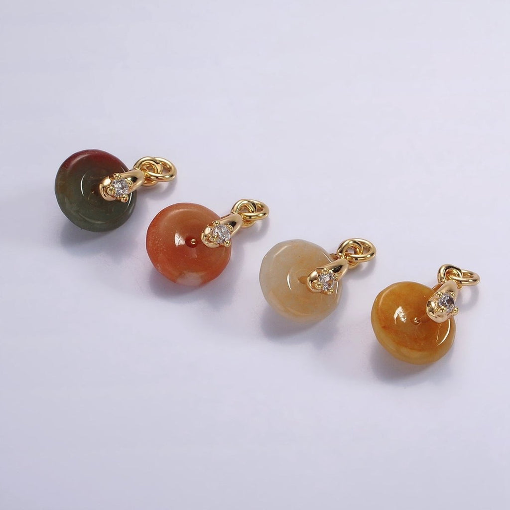 14K Gold plated Mini Sunstone, Moss Agate, Red Aventurine, Crazy Lace Agate Round Donut CZ Charm | AC823 - AC826 - DLUXCA