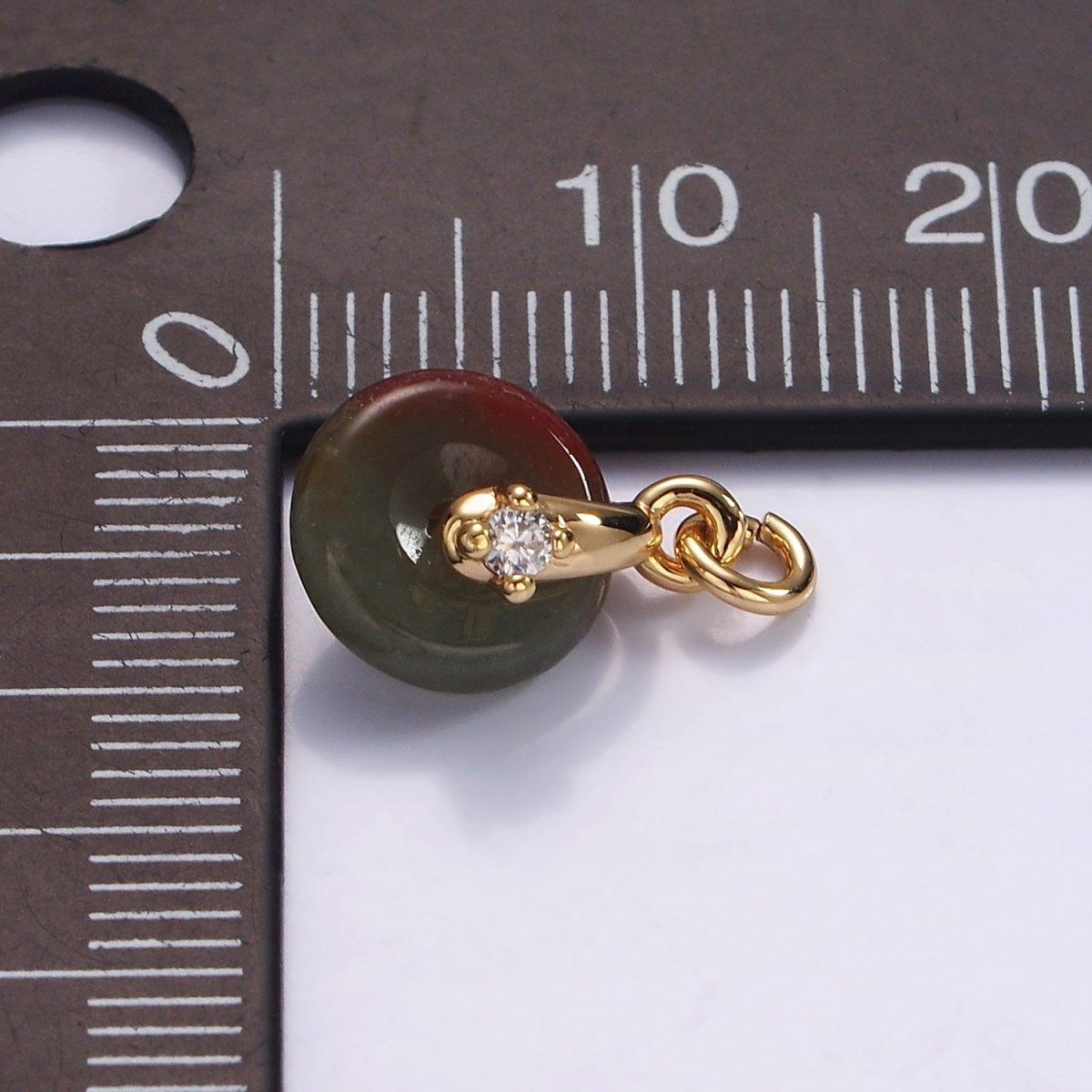 14K Gold plated Mini Sunstone, Moss Agate, Red Aventurine, Crazy Lace Agate Round Donut CZ Charm | AC823 - AC826 - DLUXCA