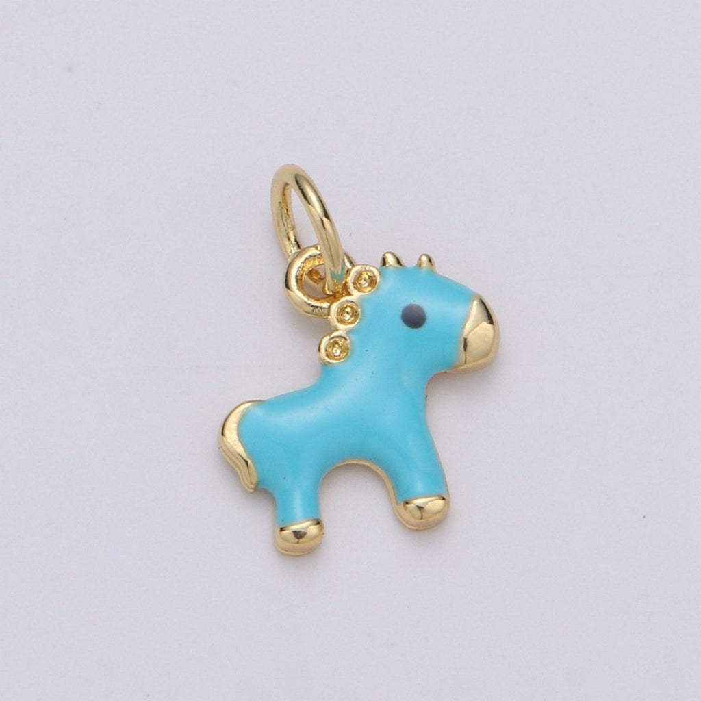14K Gold plated Mini Teal Horse Little Pony Blue Enamel Epoxy Charm | D-756 - DLUXCA