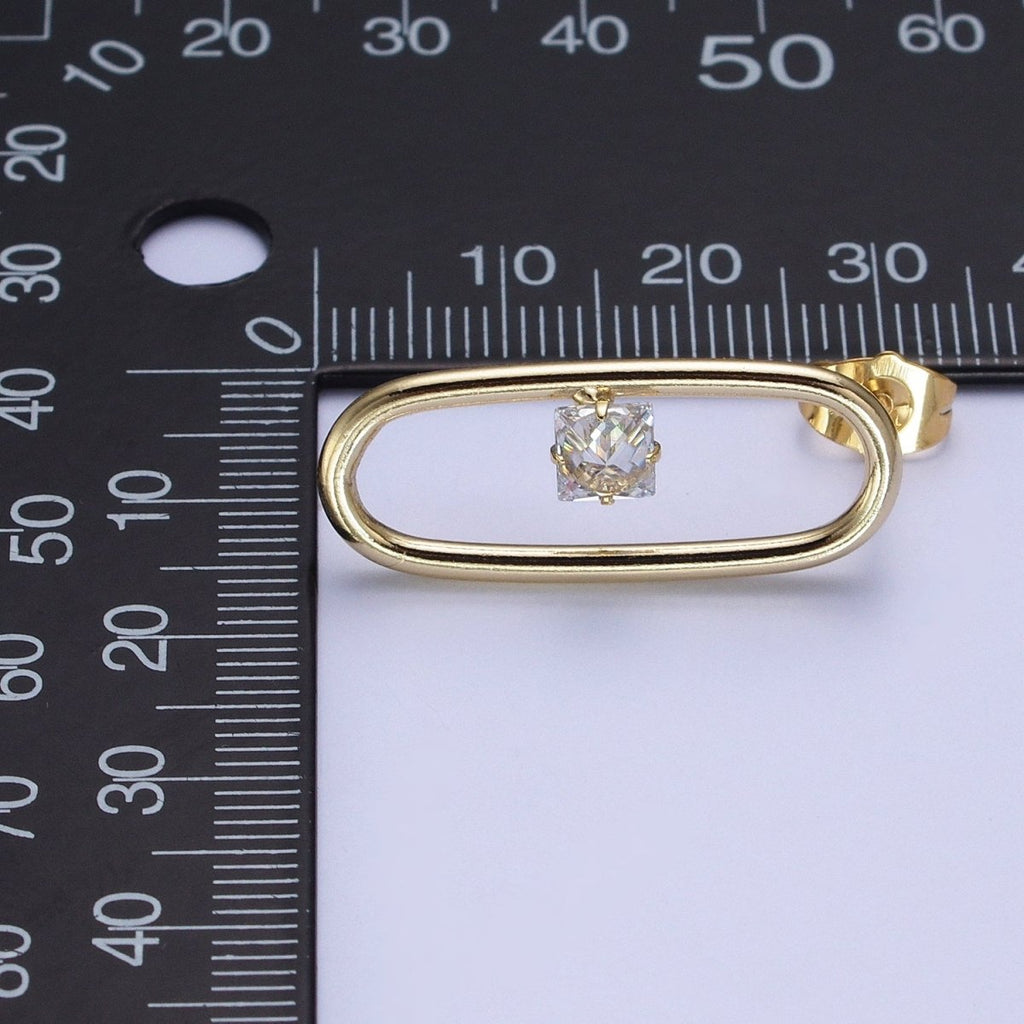 14K Gold plated Minimalist Stud Earring Oval with Dainty Cubic Zirconia Crystal, Perfect for Everyday Wear or Gift | X913 - DLUXCA