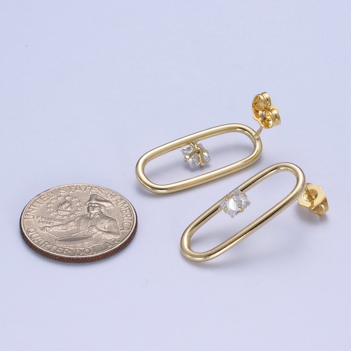 14K Gold plated Minimalist Stud Earring Oval with Dainty Cubic Zirconia Crystal, Perfect for Everyday Wear or Gift | X913 - DLUXCA