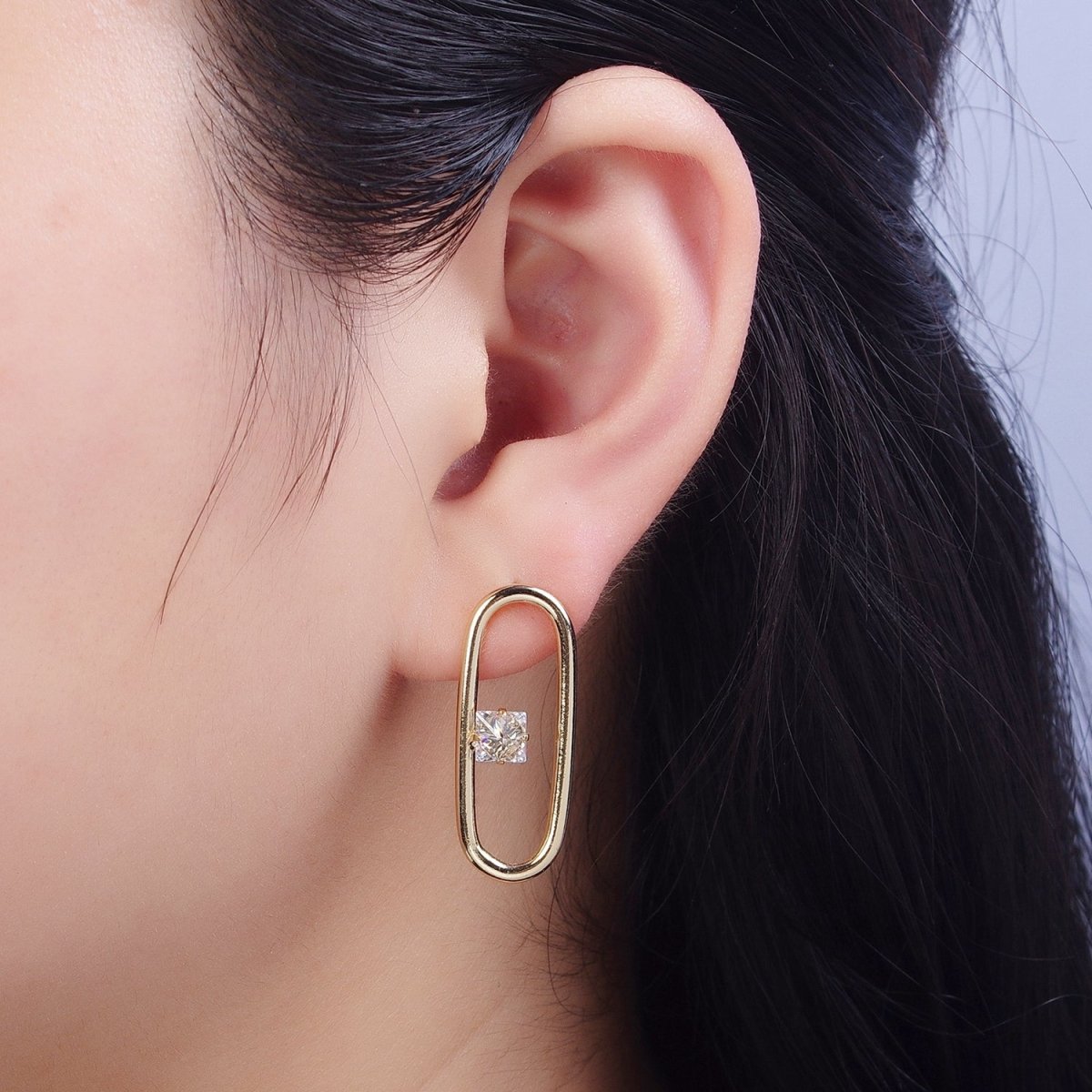 14K Gold plated Minimalist Stud Earring Oval with Dainty Cubic Zirconia Crystal, Perfect for Everyday Wear or Gift | X913 - DLUXCA