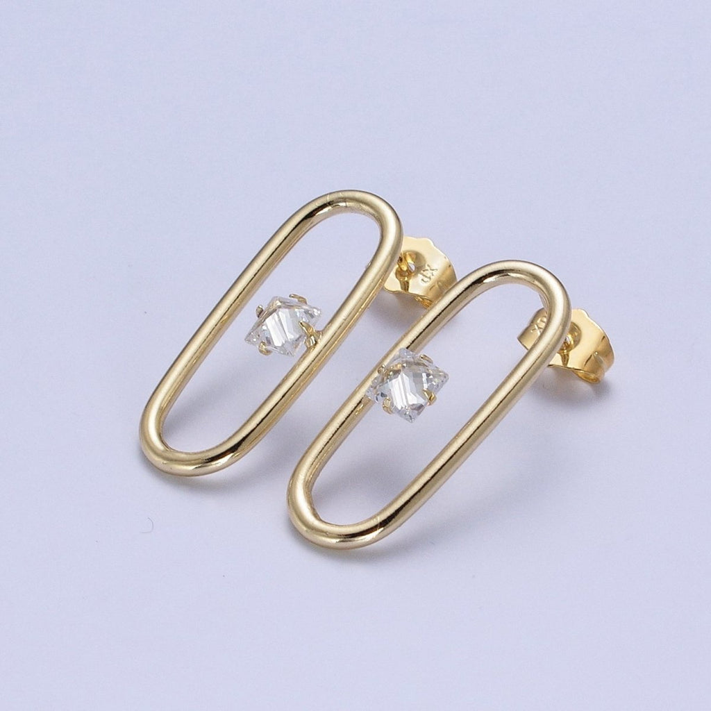 14K Gold plated Minimalist Stud Earring Oval with Dainty Cubic Zirconia Crystal, Perfect for Everyday Wear or Gift | X913 - DLUXCA