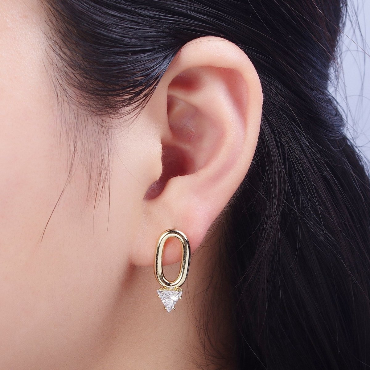 14K Gold plated Minimalist Stud Earring Oval with Triangle Cubic Zirconia Crystal, Perfect for Everyday Wear or Gift | X915 - DLUXCA