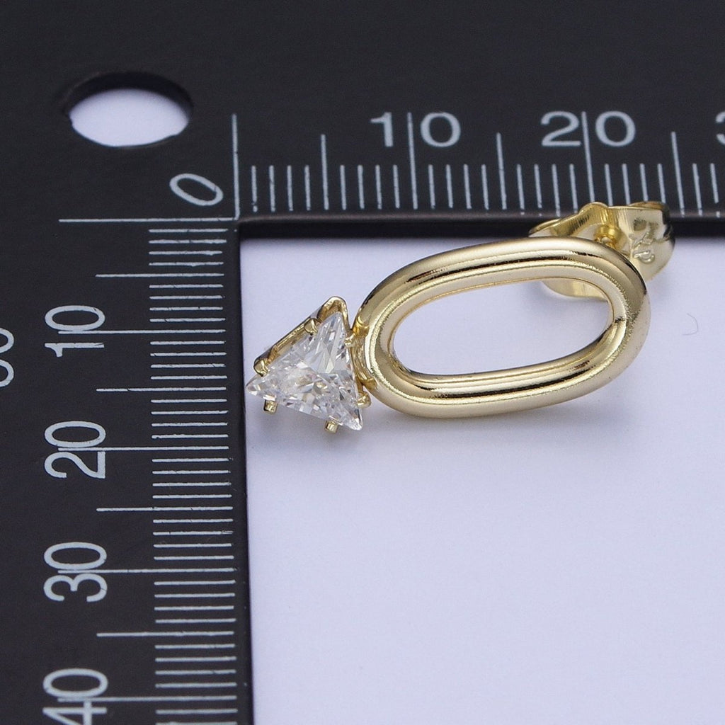 14K Gold plated Minimalist Stud Earring Oval with Triangle Cubic Zirconia Crystal, Perfect for Everyday Wear or Gift | X915 - DLUXCA