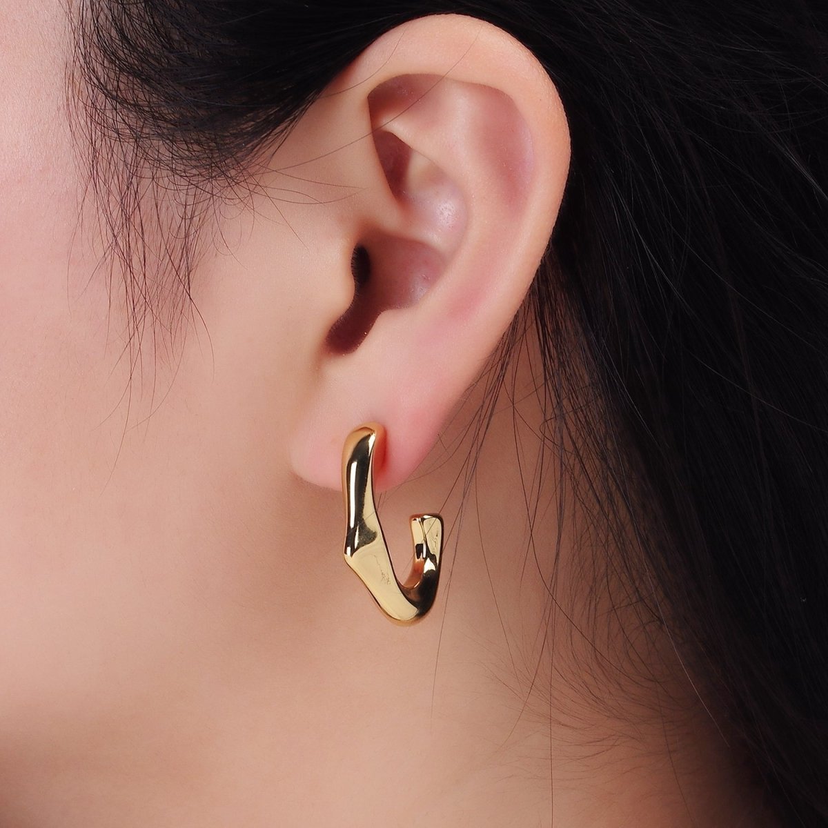 14K Gold plated Molten Edged J-Shaped Hoop Earrings | P097 - DLUXCA