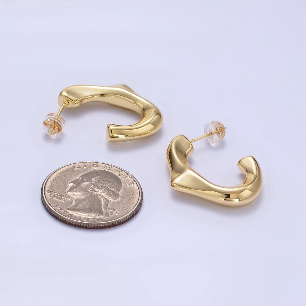 14K Gold plated Molten Edged J-Shaped Hoop Earrings | P097 - DLUXCA