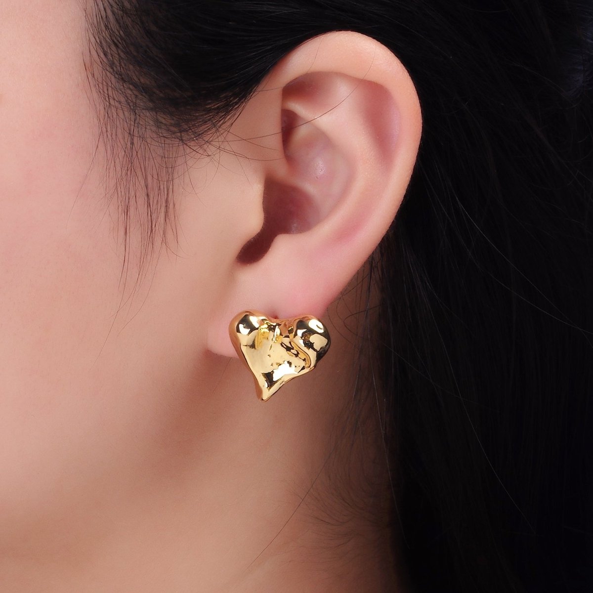 14K Gold plated Molten Heart Stud Earrings | P142 - DLUXCA