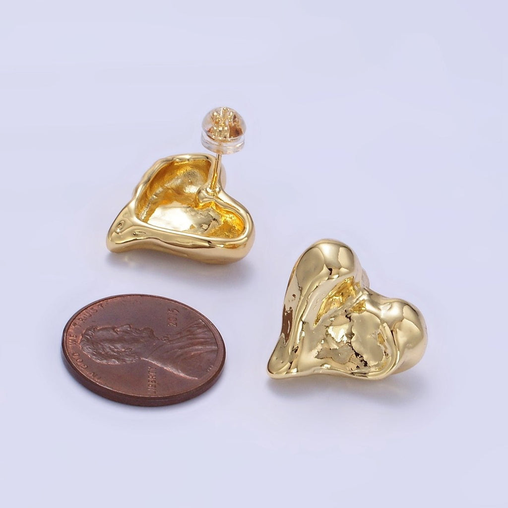 14K Gold plated Molten Heart Stud Earrings | P142 - DLUXCA