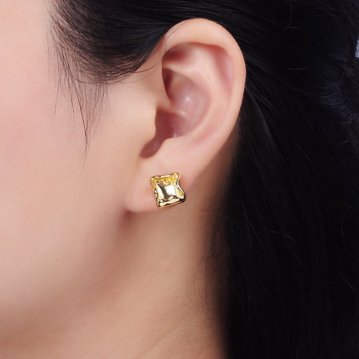 14K Gold plated Molten Square Stud Earrings | V284 - DLUXCA