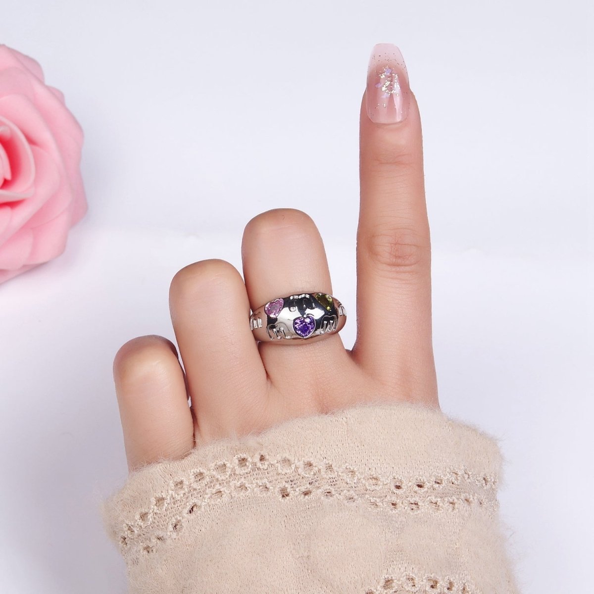 14K Gold plated "MOM" Script Multicolor CZ Heart Chubby Signet Ring in Gold & Silver | O1337 O1338 - DLUXCA