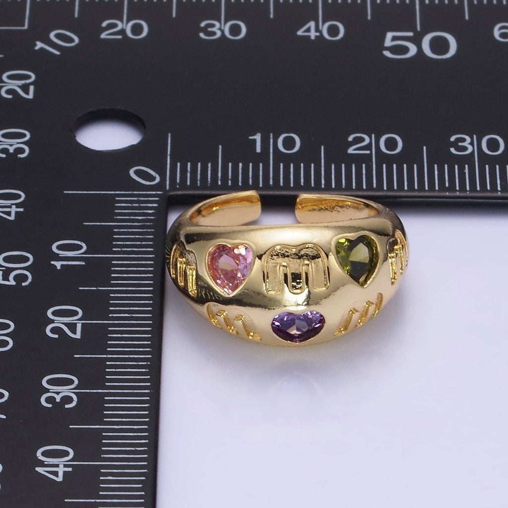 14K Gold plated "MOM" Script Multicolor CZ Heart Chubby Signet Ring in Gold & Silver | O1337 O1338 - DLUXCA