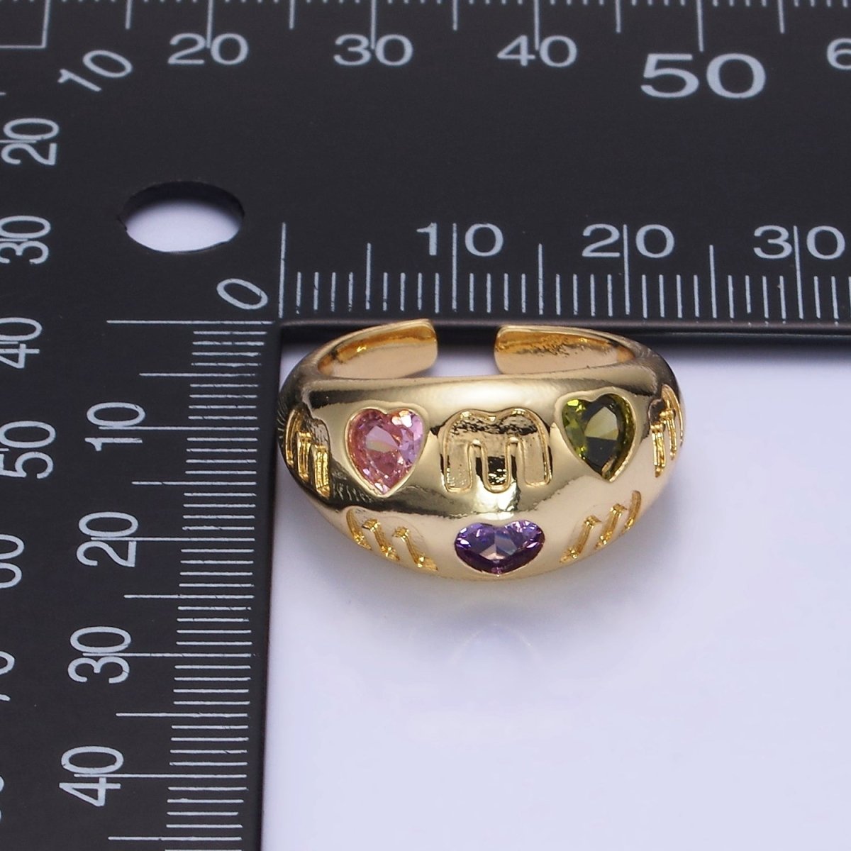 14K Gold plated "MOM" Script Multicolor CZ Heart Chubby Signet Ring in Gold & Silver | O1337 O1338 - DLUXCA