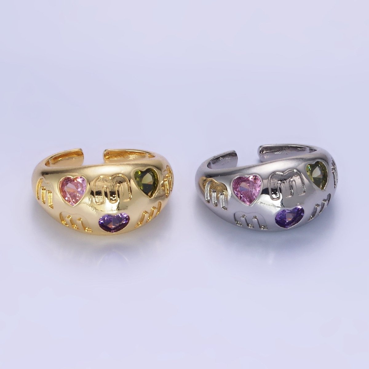 14K Gold plated "MOM" Script Multicolor CZ Heart Chubby Signet Ring in Gold & Silver | O1337 O1338 - DLUXCA