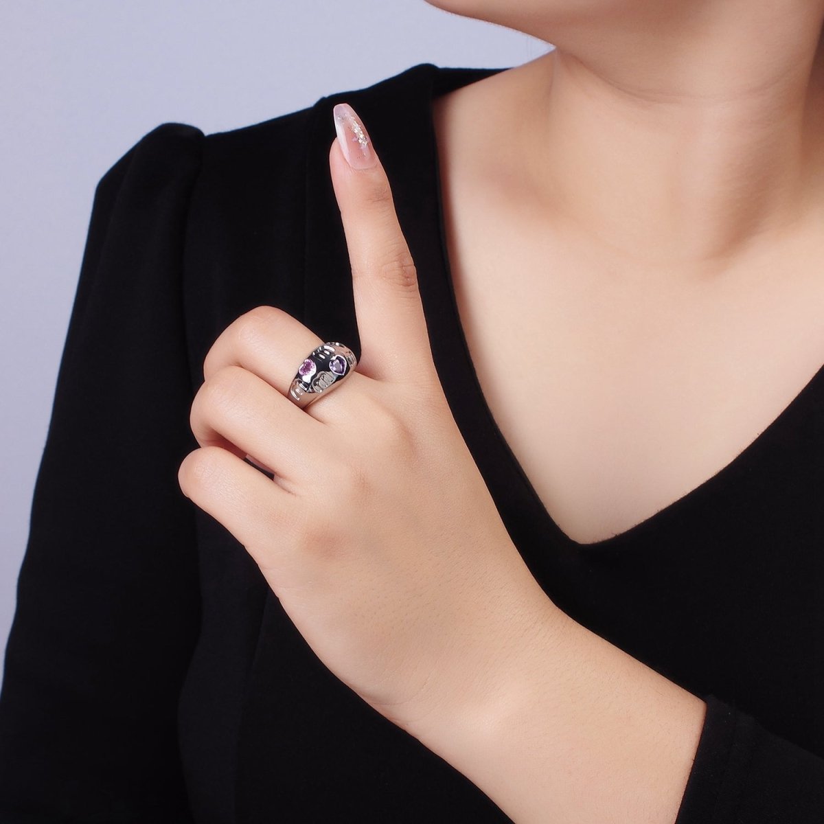 14K Gold plated "MOM" Script Multicolor CZ Heart Chubby Signet Ring in Gold & Silver | O1337 O1338 - DLUXCA