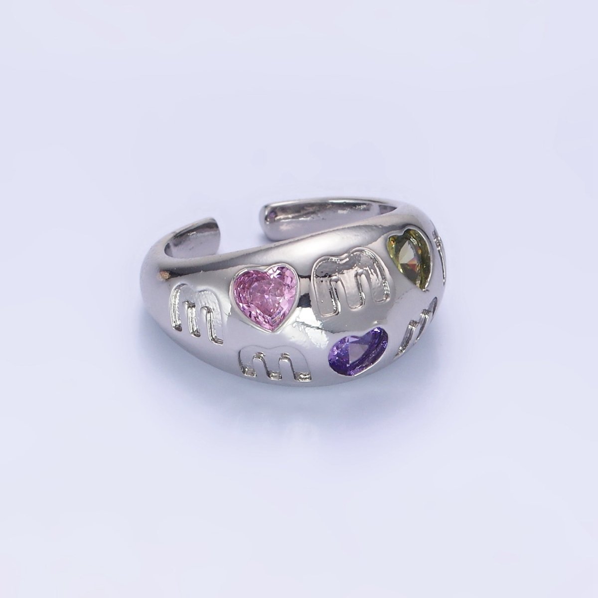 14K Gold plated "MOM" Script Multicolor CZ Heart Chubby Signet Ring in Gold & Silver | O1337 O1338 - DLUXCA