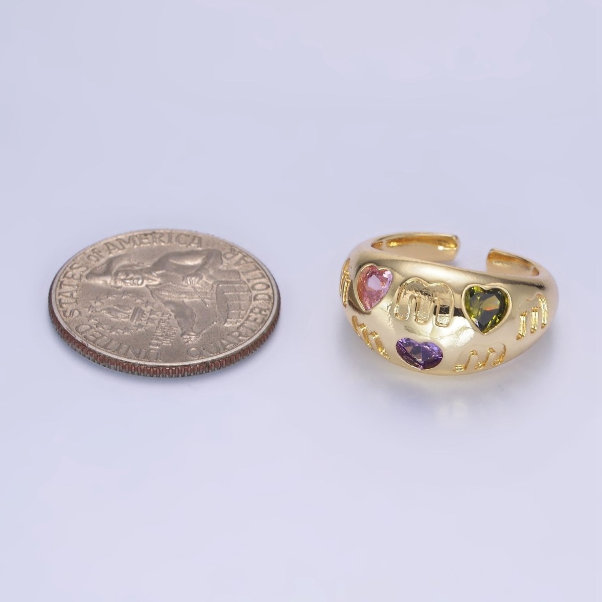 14K Gold plated "MOM" Script Multicolor CZ Heart Chubby Signet Ring in Gold & Silver | O1337 O1338 - DLUXCA