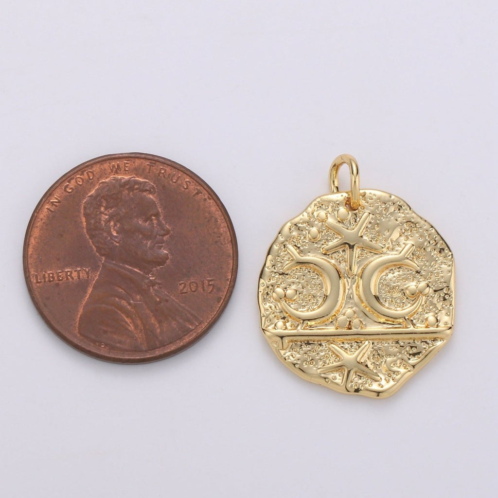14k Gold plated Moon and Star Medallion Pendant Celestial Astrology Round Disc Charm Pendant, Vintage Coin for Layer Necklace Earring Supply D-716 - DLUXCA