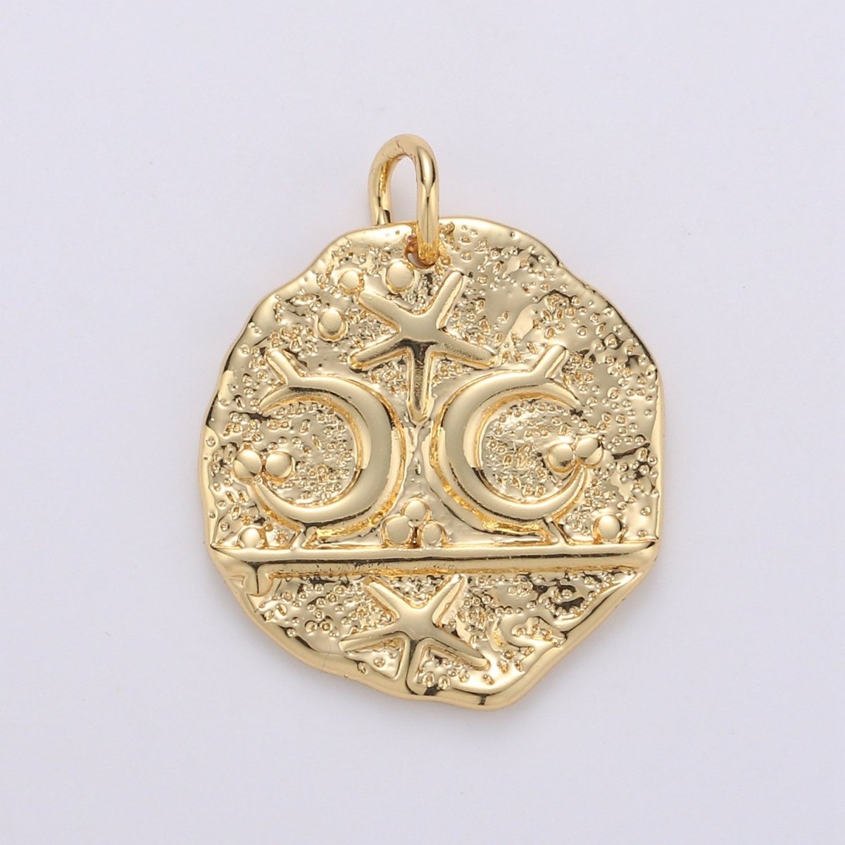 14k Gold plated Moon and Star Medallion Pendant Celestial Astrology Round Disc Charm Pendant, Vintage Coin for Layer Necklace Earring Supply D-716 - DLUXCA