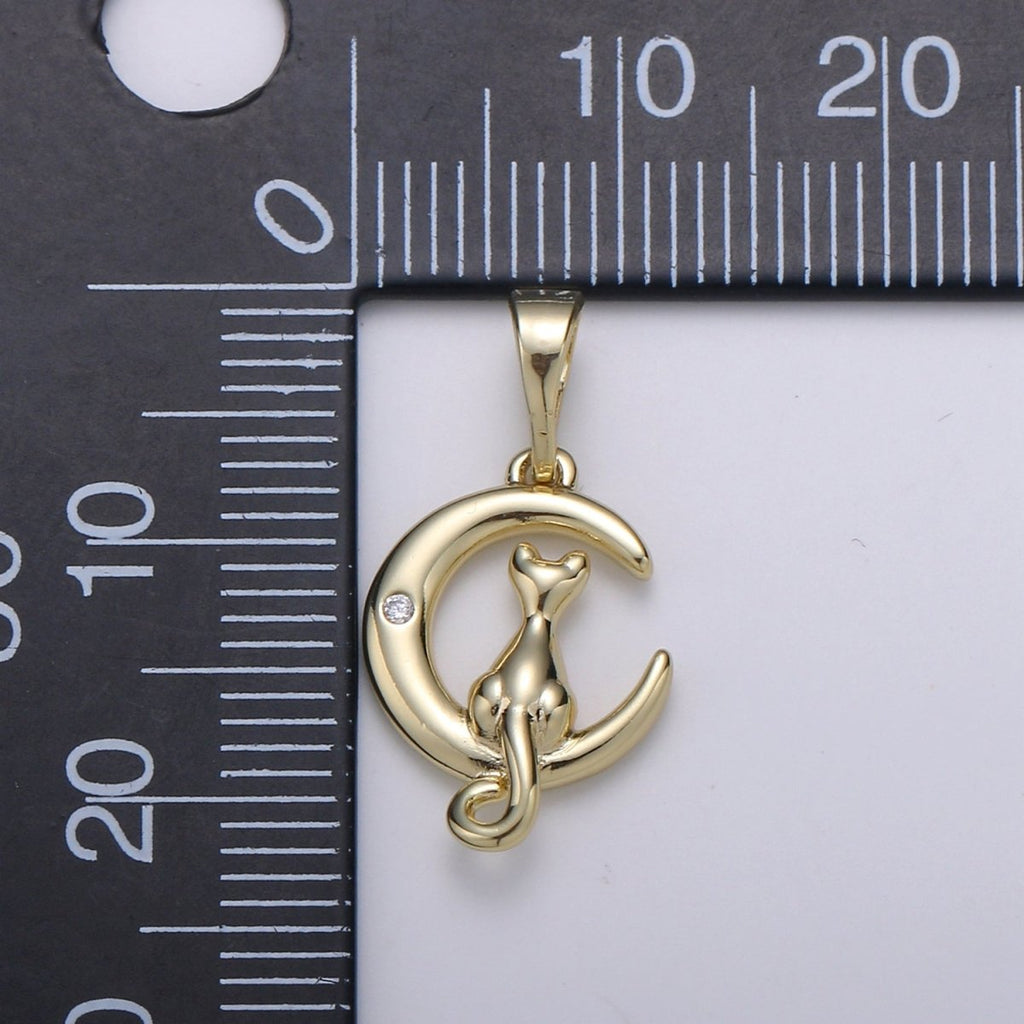 14k Gold plated Moon Cat Pendant, Cat Charm Necklace, Cat and Moon Gift, Celestial Jewelry, Cat Lover's Gift Jewelry Necklace Supply J-092 - DLUXCA