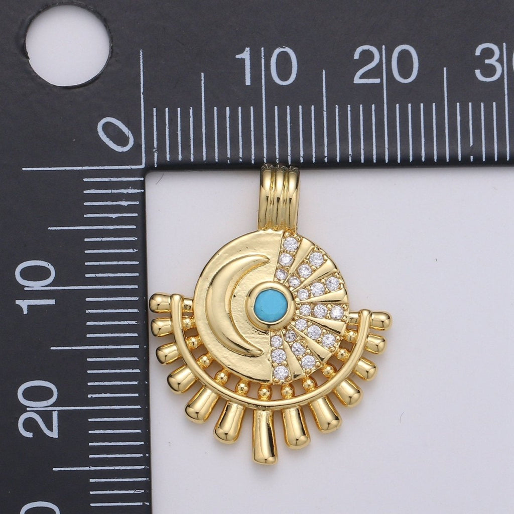 14K Gold plated Moon Charm - Celestial Pendant Necklace - Crescent Turquoise Moon Medallion Layering Necklace - Lunar Jewelry Supply J-054 - DLUXCA