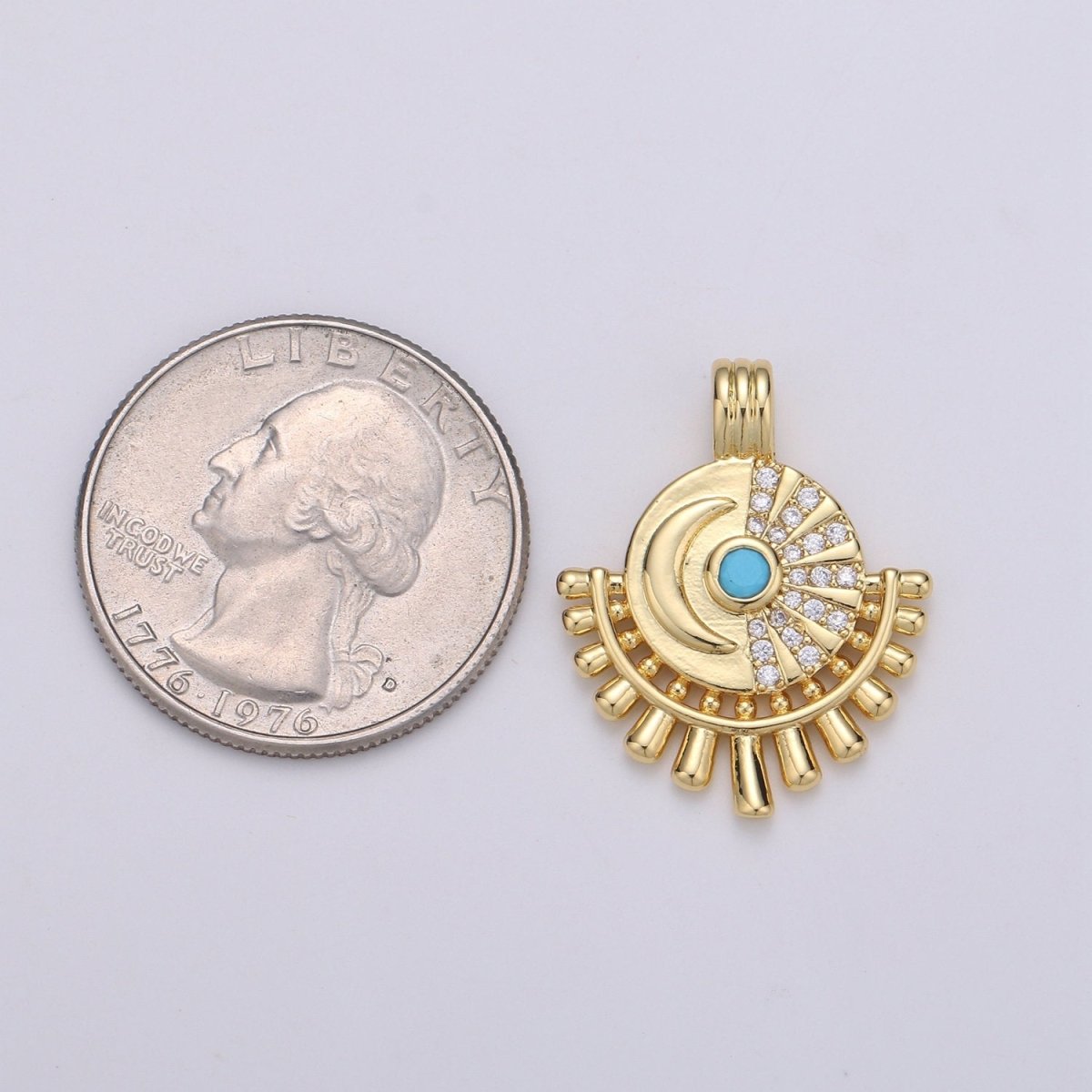 14K Gold plated Moon Charm - Celestial Pendant Necklace - Crescent Turquoise Moon Medallion Layering Necklace - Lunar Jewelry Supply J-054 - DLUXCA