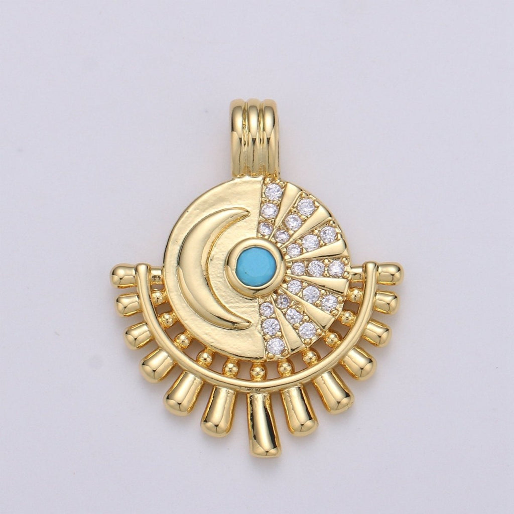 14K Gold plated Moon Charm - Celestial Pendant Necklace - Crescent Turquoise Moon Medallion Layering Necklace - Lunar Jewelry Supply J-054 - DLUXCA