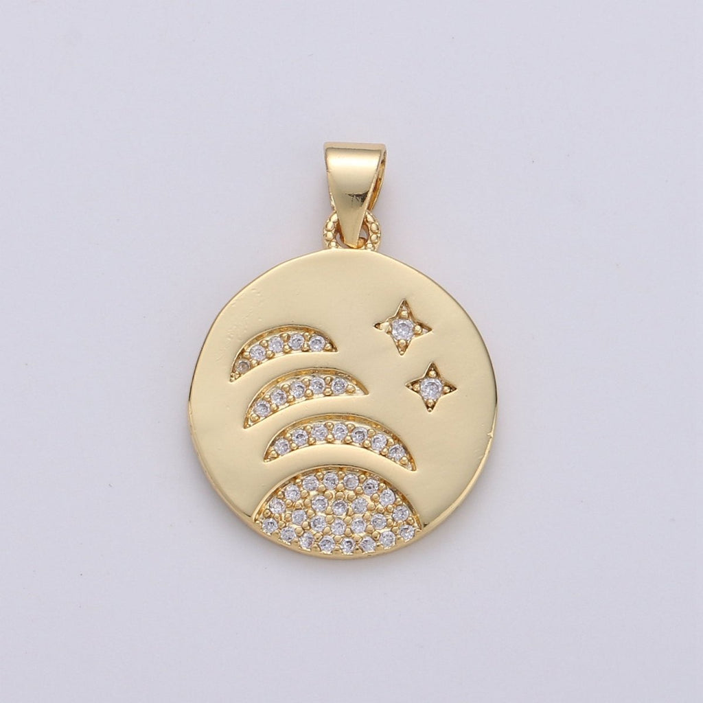 14k gold plated Moon Phases Charm Round Disc charm Micro Pave Moon Charm Crescent Moon, waning moon, Celestial Jewelry I-799 - DLUXCA