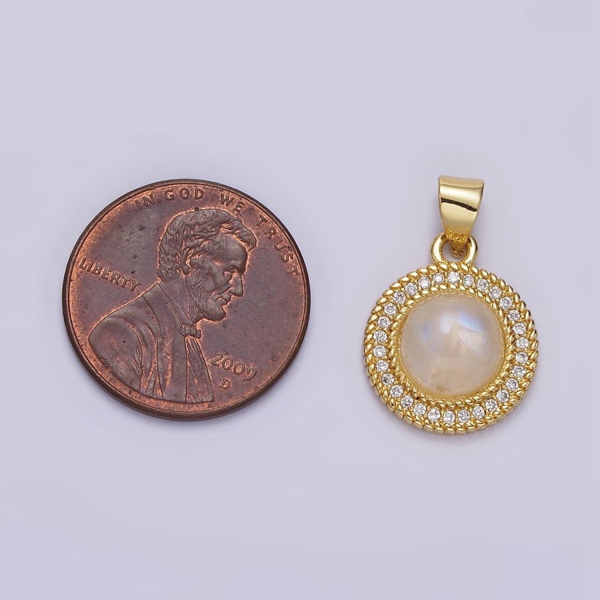 14K Gold plated Moonstone Clear CZ Line-Textured Round Pendant | AA643 - DLUXCA