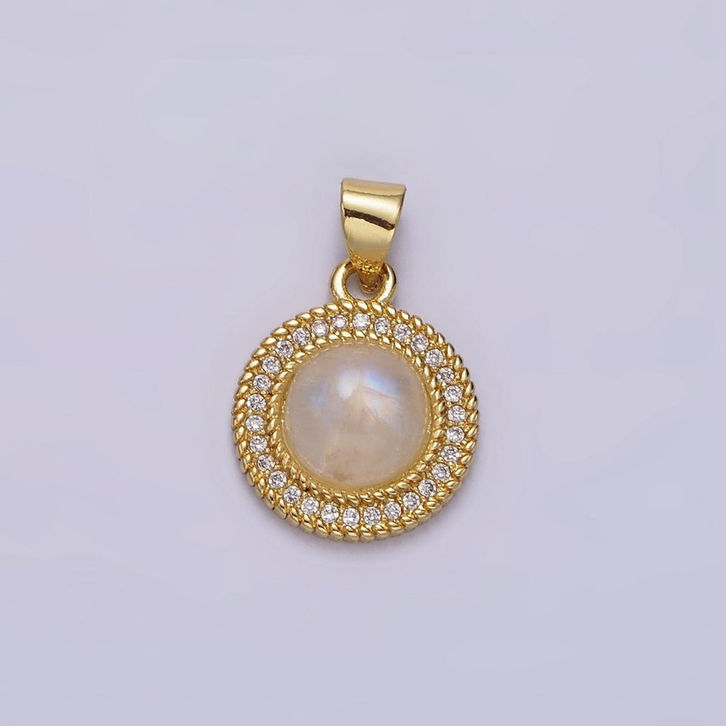 14K Gold plated Moonstone Clear CZ Line-Textured Round Pendant | AA643 - DLUXCA