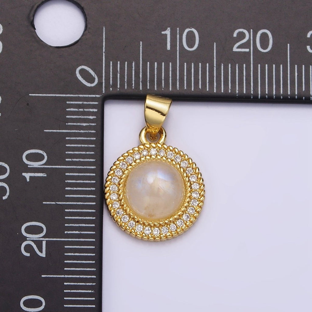 14K Gold plated Moonstone Clear CZ Line-Textured Round Pendant | AA643 - DLUXCA