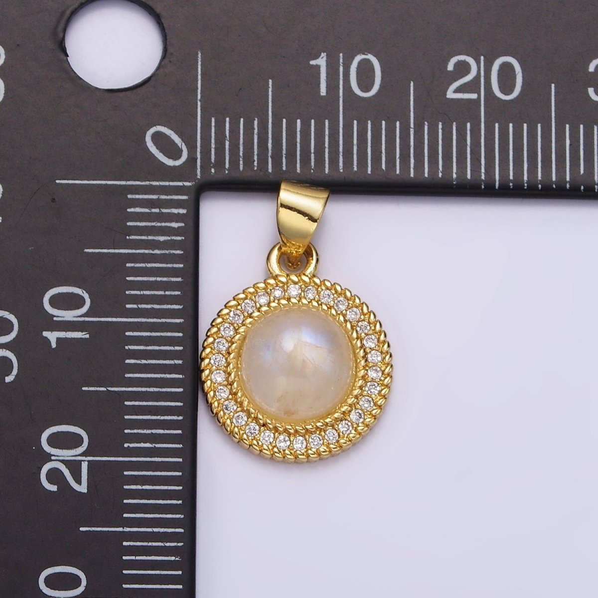 14K Gold plated Moonstone Clear CZ Line-Textured Round Pendant | AA643 - DLUXCA