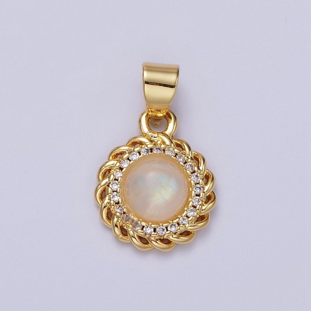 14K Gold plated Moonstone Clear Micro Paved Rounded Bar Curb Lined Pendant | AA678 - DLUXCA