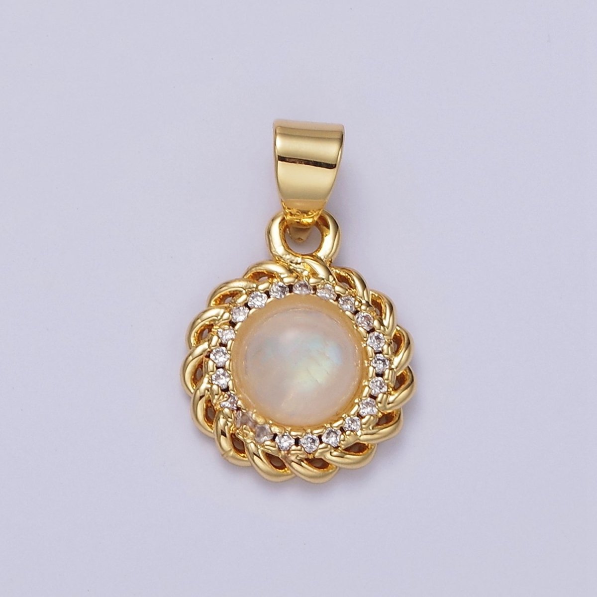 14K Gold plated Moonstone Clear Micro Paved Rounded Bar Curb Lined Pendant | AA678 - DLUXCA