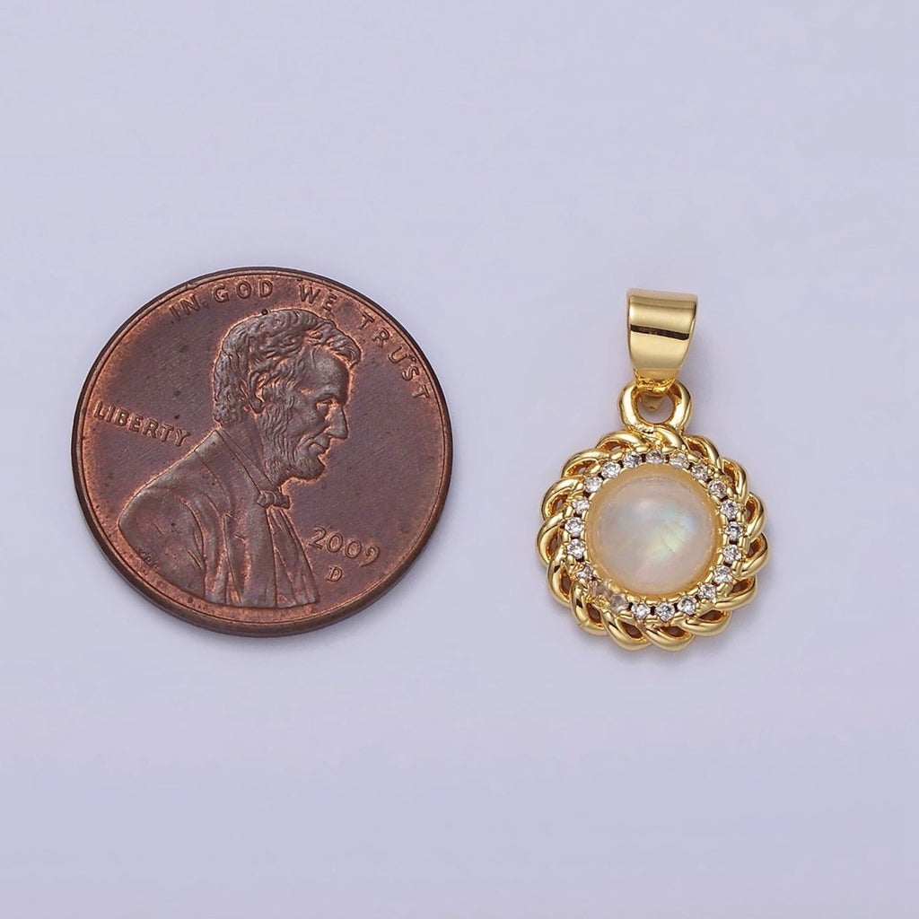 14K Gold plated Moonstone Clear Micro Paved Rounded Bar Curb Lined Pendant | AA678 - DLUXCA