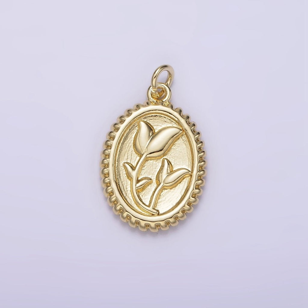 14K Gold plated Morning Glory Tulip Birth Flower Personalized Oval Charm | AG242 - DLUXCA