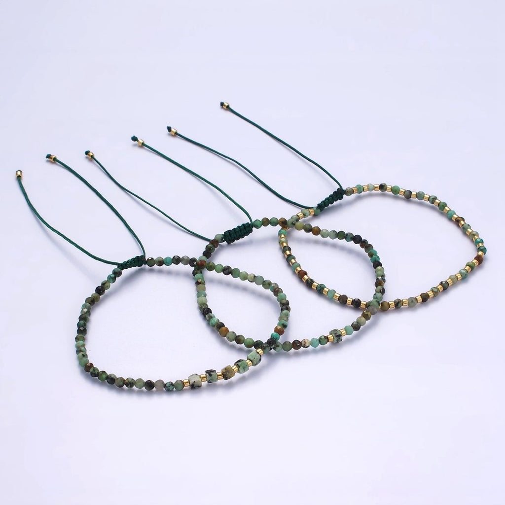 14K Gold plated Moss Agate Multifaceted Green Rope Adjustable Friendship Bracelet | WA-2174 - WA-2176 Clearance Pricing