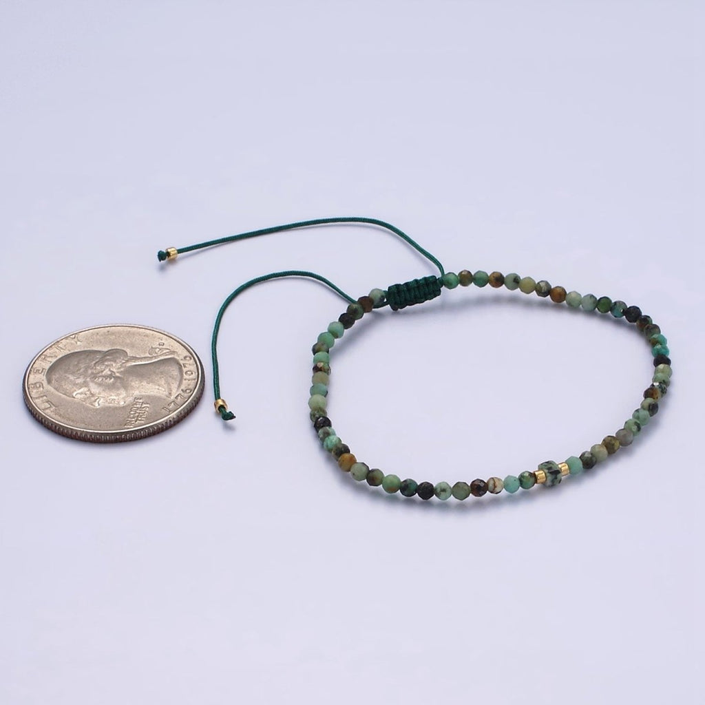 14K Gold plated Moss Agate Multifaceted Green Rope Adjustable Friendship Bracelet | WA-2174 - WA-2176 Clearance Pricing