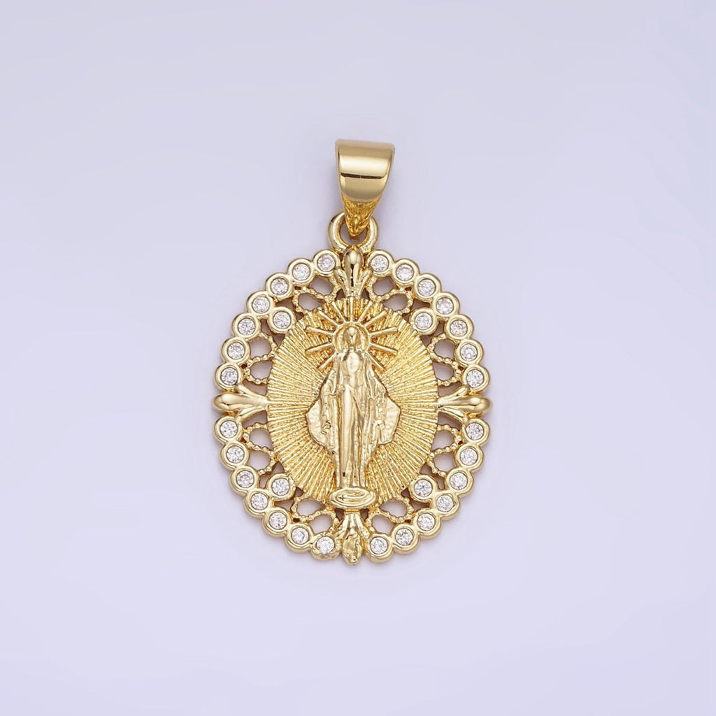 14K Gold plated Mother Mary CZ Round Dotted Open Oval Pendant | AA1129 - DLUXCA