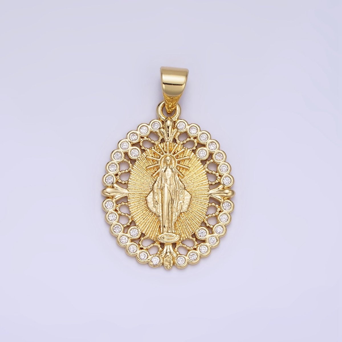 14K Gold plated Mother Mary CZ Round Dotted Open Oval Pendant | AA1129 - DLUXCA