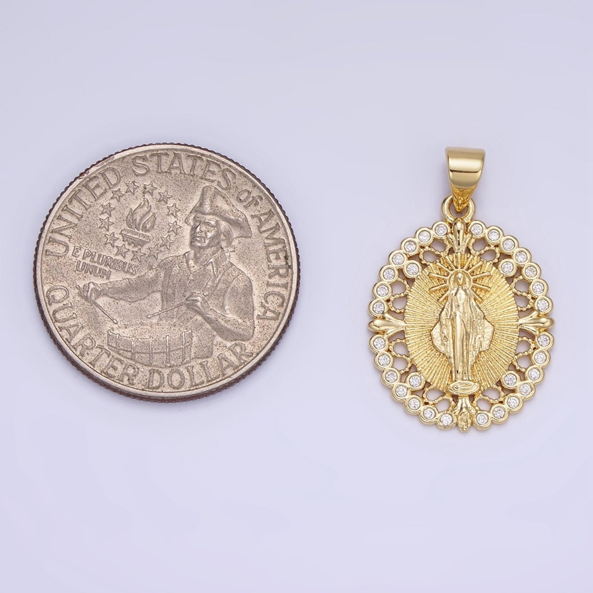 14K Gold plated Mother Mary CZ Round Dotted Open Oval Pendant | AA1129 - DLUXCA