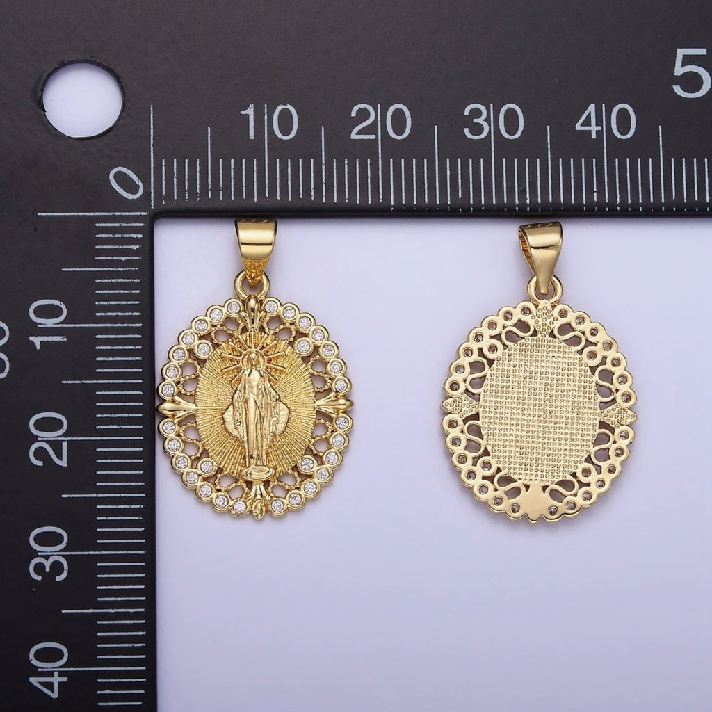14K Gold plated Mother Mary CZ Round Dotted Open Oval Pendant | AA1129 - DLUXCA
