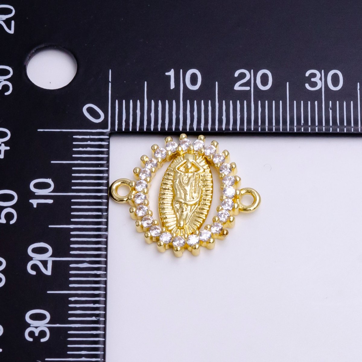 14K Gold plated Mother Mary Guadalupe Oval CZ Lined Open Connector | G-155 - DLUXCA