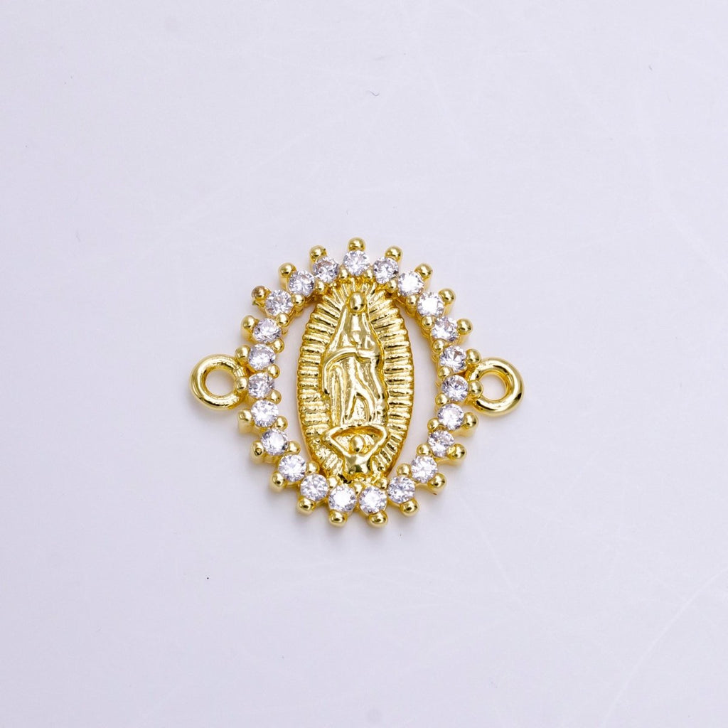 14K Gold plated Mother Mary Guadalupe Oval CZ Lined Open Connector | G-155 - DLUXCA