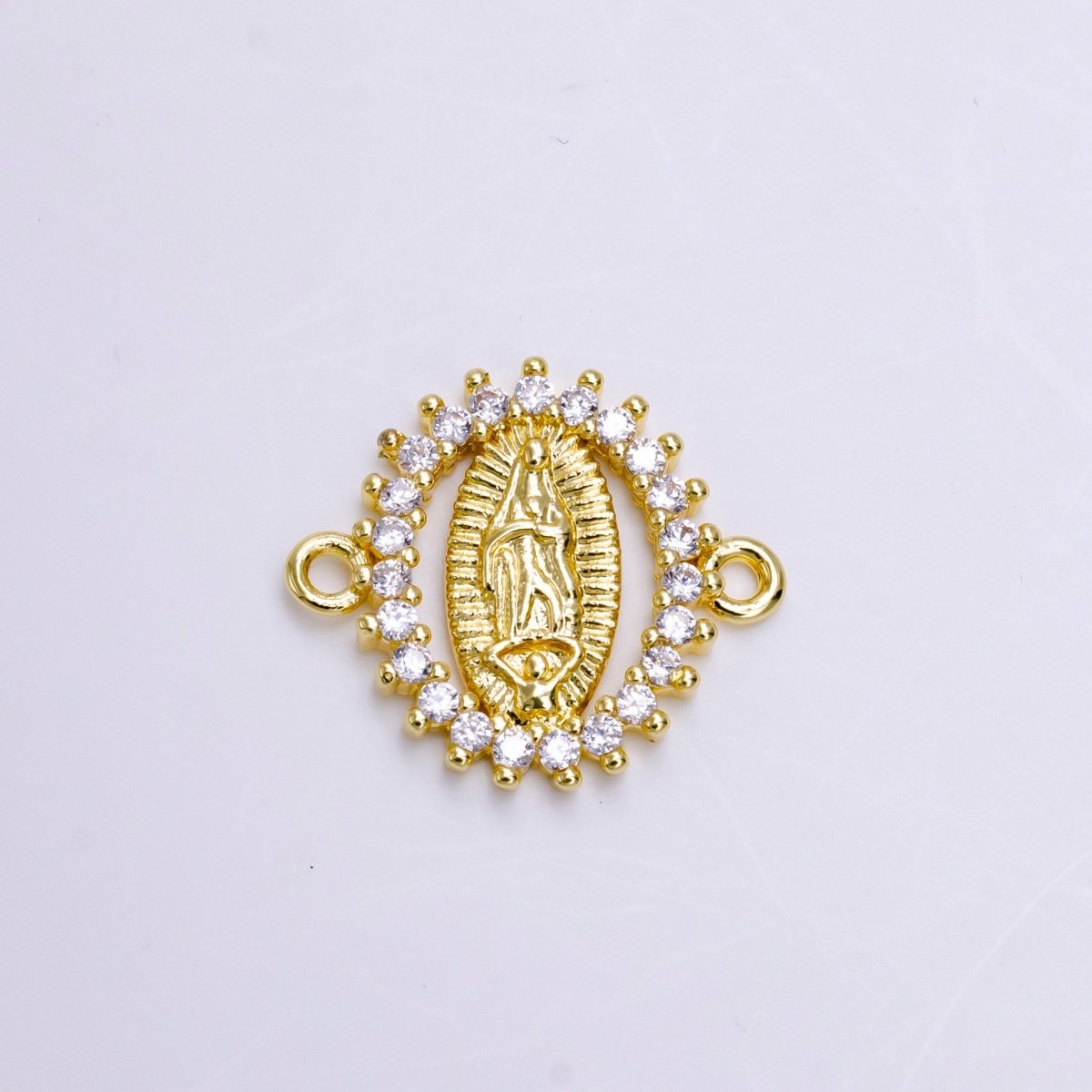 14K Gold plated Mother Mary Guadalupe Oval CZ Lined Open Connector | G-155 - DLUXCA