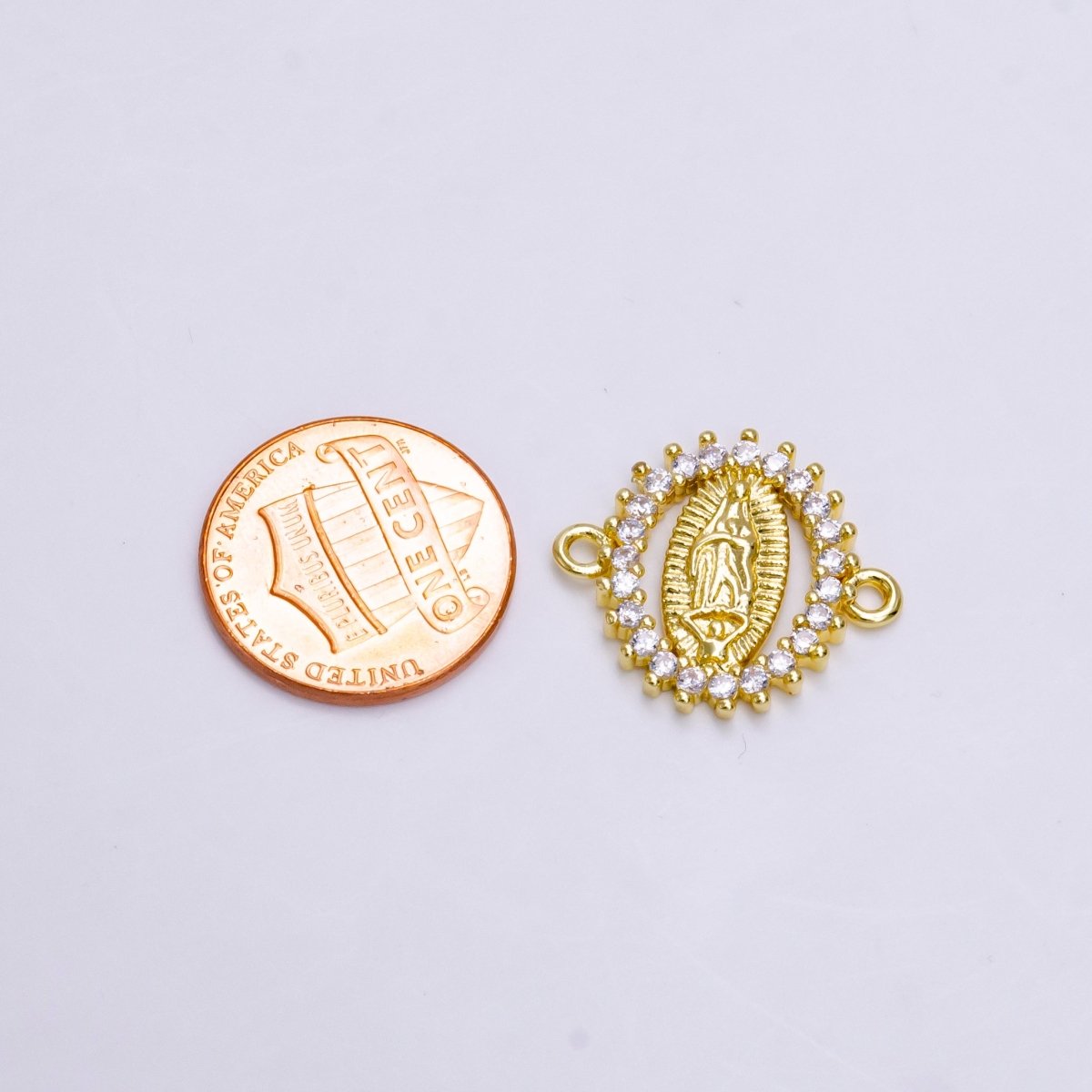14K Gold plated Mother Mary Guadalupe Oval CZ Lined Open Connector | G-155 - DLUXCA