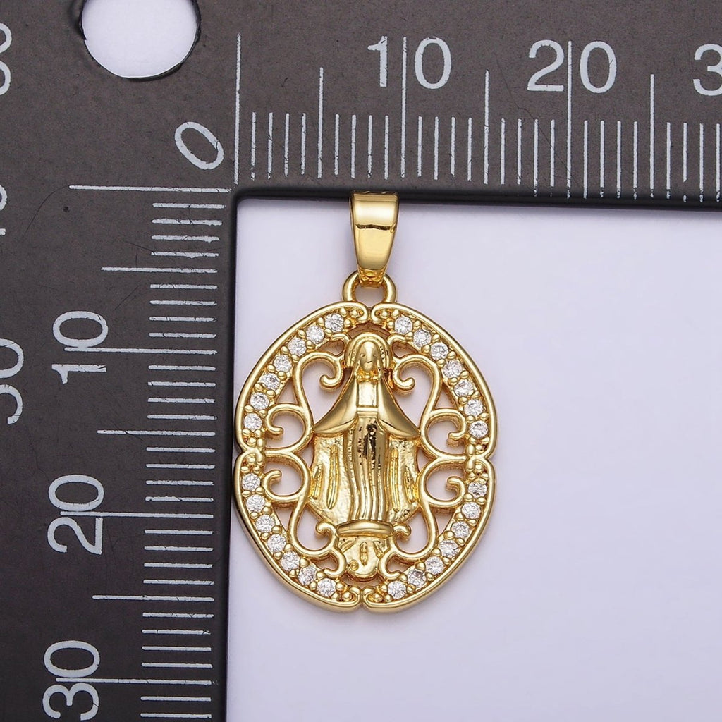 14K Gold plated Mother Mary lady Guadalupe Elaborate Open Micro Paved CZ Oval Pendant | N1314 - DLUXCA